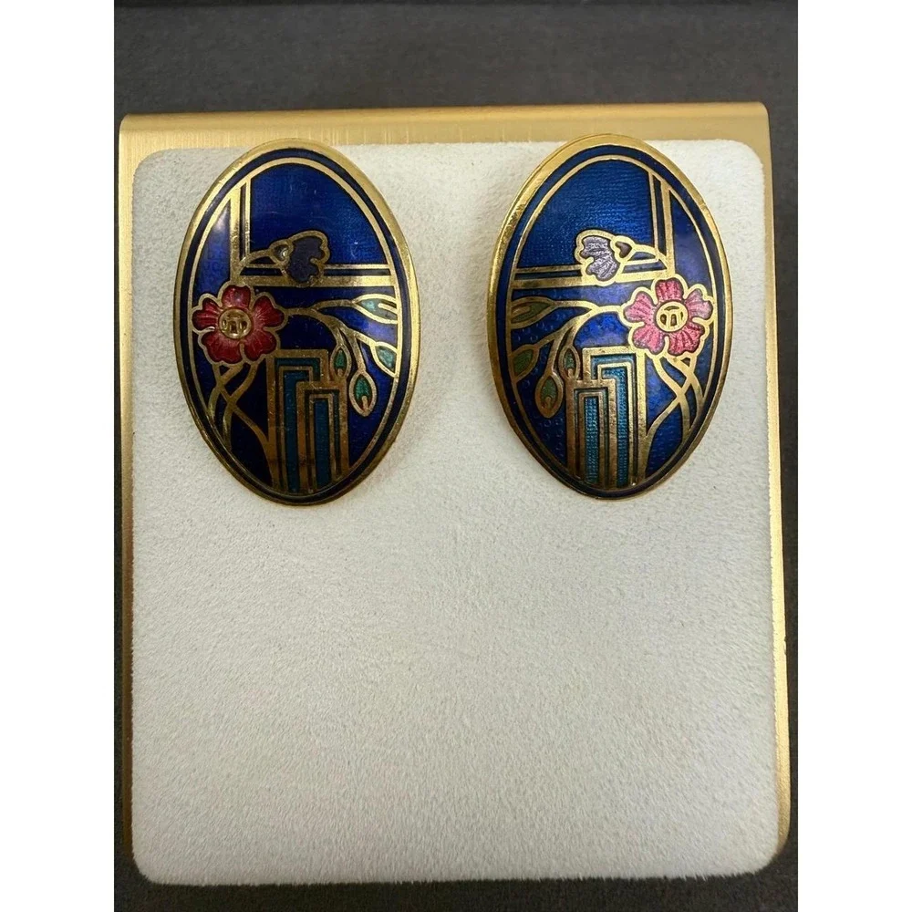 Cloisonne Floral Enamel Earrings Gold Tone Oval Art Nouveau Studs